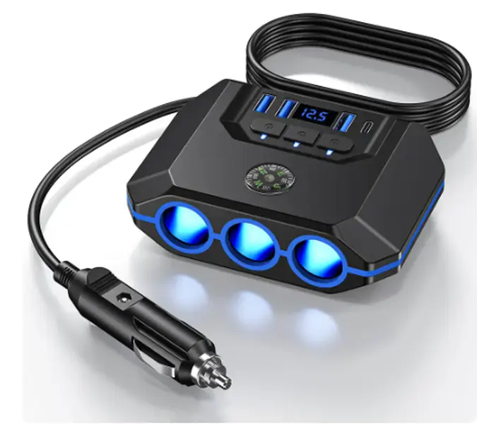 3-Socket 120W Car Cigarette Lighter Splitter Charger Adapter - Independent Switch, Voltage Monitor, Dual 12V/24V Power Outlet, Fast USB Charging - Com
