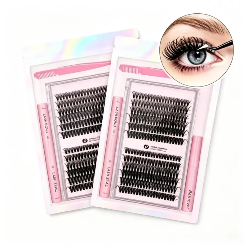 DIY Cluster Lash Extension Kit - Salon-Quality, Lightweight, Sensitive-Safe Fluffy Individual False Eyelashes with Bond Seal Glue, Remover, Application Tweezers, Reusable At-Home Set for Beginners’ Daily Makeup, Easy to Apply & Remove