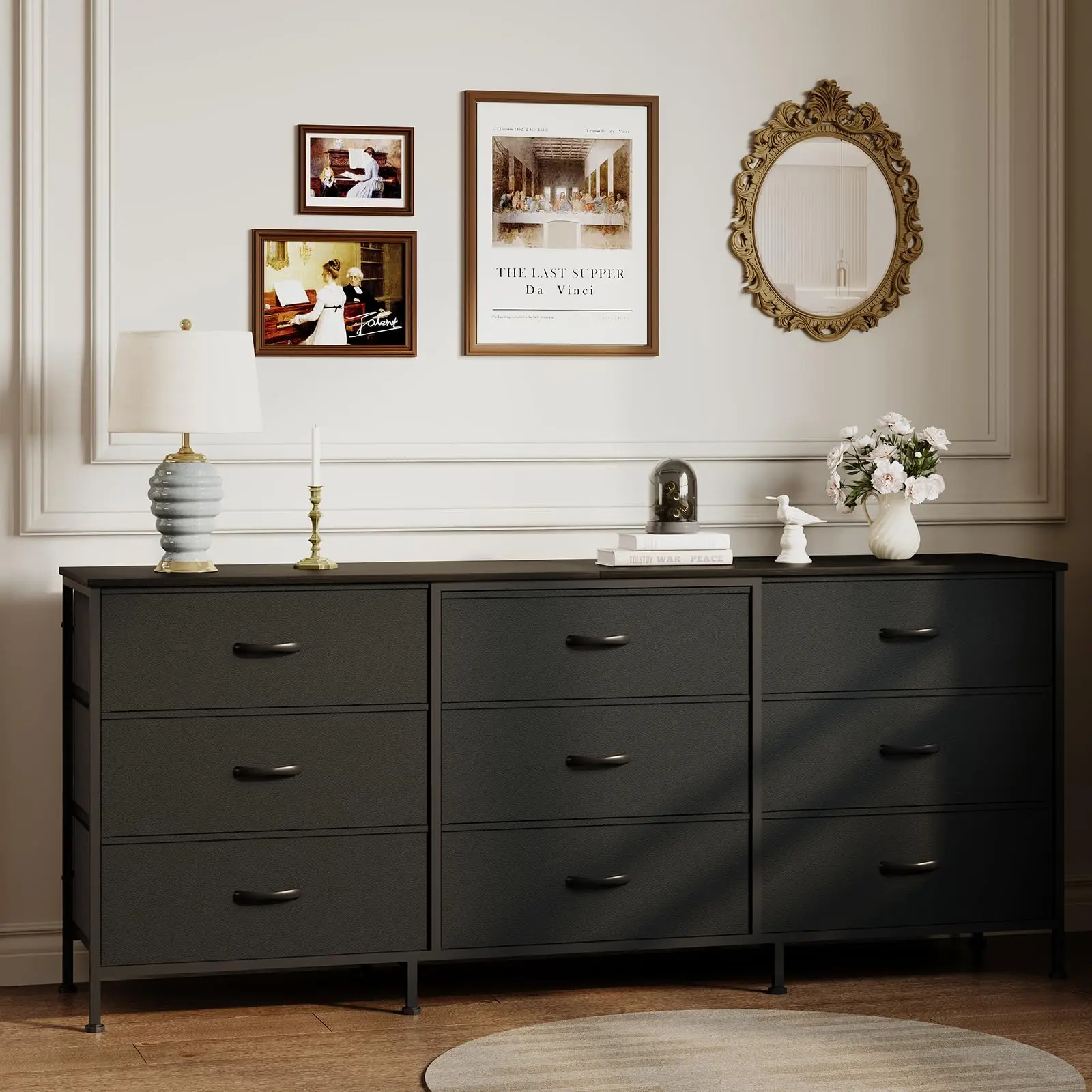 ZR-Garvee 63" Entertainment Center & 9-Drawer Dresser with Wooden Top and Wide Fabric Storage Chest Multi-Function Media Console for Living Room and Bedroom Organization Easy Assembly