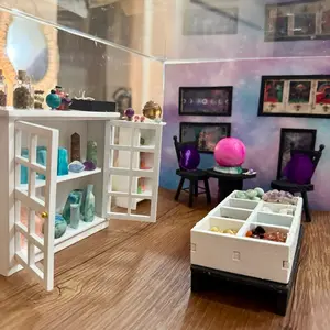 Miniature Metaphysical Store Crystal Shop Dollhouse Display Vignette Room Box with Handmade Resin Towers Genuine Crystals Mystical Books and Cards 14x9x10.5 Inches