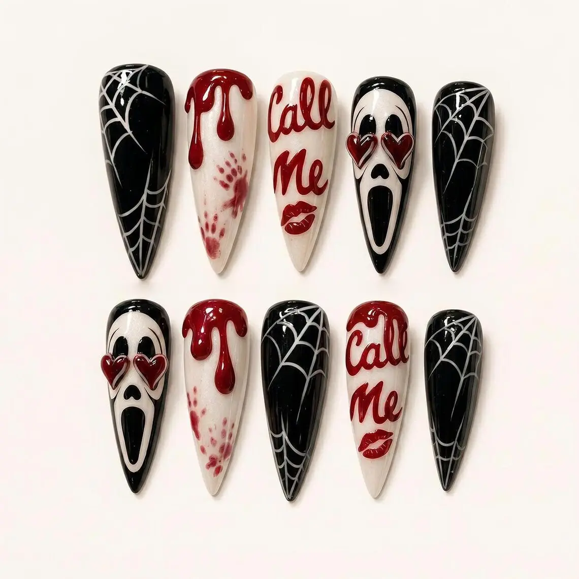 [New Model] Collection 10 PCS Handmade Press on Nails, Halloween Press On Nails, Horror Ghost Face Nails, Black Spider Web Nails, Red Blood Drip Nails, Gothic Fake Nails Set, Heart Halloween Horror Nail Art