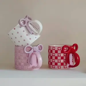 Bowknot & Heart Pattern Ceramic Coffee Mug, Food Grade BPA Free Reusable Creative Design Drinkware, Dishwasher Safe Washable Decorative Coffee Cup for Home Kitchen Office Decor, Ideal Gift for Friend Family Birthday Daily Use