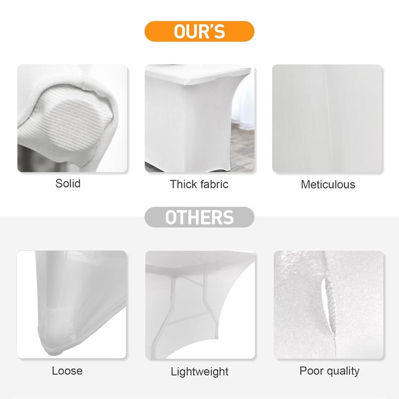 6FT Tablecloth [6 Pack, White] 200 GSM Stretch, Fitted, Washable and Wrinkle Resistant Table Cloth Rectangle Cover for Trade Shows, Wedding, Parties [72Lx30Wx30H Inch]