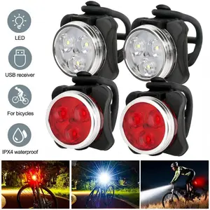 VASTFIRE USB Rechargeable Bike Light Set 2-Pack 3 LED Front & Rear Lights 4 Modes IPX4 Waterproof 400mAh Battery Easy Install for Helmets Backpacks
