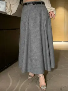 2026 Spring Women's Retro Houndstooth Plaid A-Line Midi Skirt | High Waist Flared Skirt with Detachable Black Faux Leather Belt & Gold Buckle | Vintage Preppy Style Versatile Bottom | Breathable Lightweight Fabric Perfect for Office, Daily Casual, Brunch,