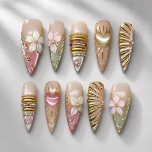 Luxury 3D Floral Press On Nails Long Stiletto Nude Pink Gold Chrome Nails Handmade Acrylic Nails Y2K Glam Bling Reusable False Nails Gift for Women TikTok Viral Nail Set