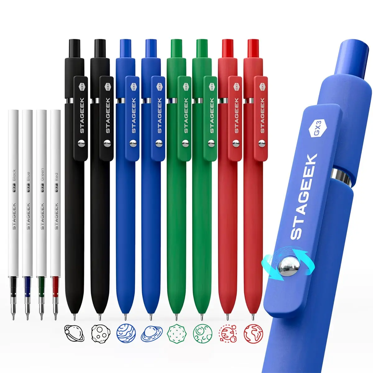 STAGEEK GX3 Colorful Gel Pens 8 Pack with 4 Extra Refills, 0.7mm Quick Dry Retractable Fidget Pens, Refillable Smooth Writing Pens for Journaling School Office Supplies, Aesthetic Gifts