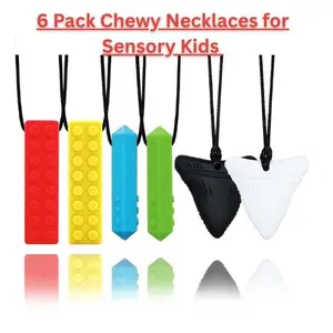 6 Pack Chewy Necklaces for Sensory Kids & Adults, Autism ADHD SPD Chew Toys, Silicone Teething Necklaces for Anxiety, Fidget, Easter Gift