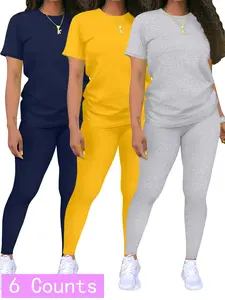 Women's Solid Color Crop Tee & Skinny Pants Set, Casual Round Neck Short Sleeve T-Shirt & Leggings, Ladies Clothes for Spring & Fall, Nail