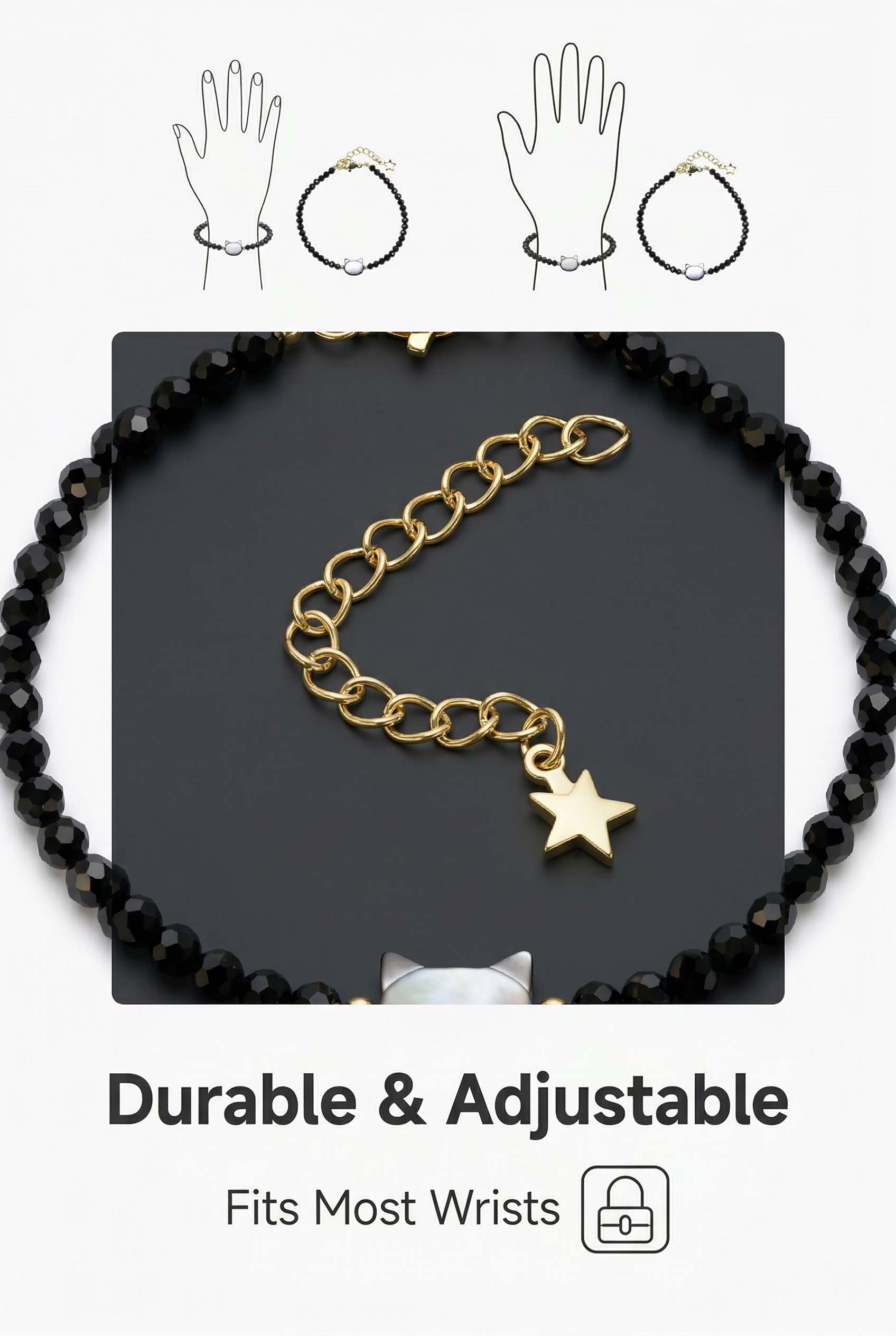 Black Crystal Bracelet with Cat Head Design for Women - Adjustable & Gift-Ready Lucky Fortune Cat