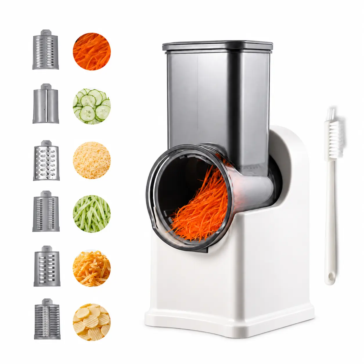 SYINTAO 6-in-1 Electric Vegetable Chopper Slicer Dicer, 6 Stainless Steel Durable Blades, 1-Touch Control, Shredder, Cheese Grater, Easy-to-Clean Kitchen Utensil for Potato, Carrot, Cucumber (Grate/Rough Chop Capabilities)