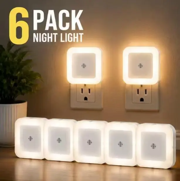 6 Pack Plug In LED Night Light with Light Sensor, Soft Warm White Lamp for Bedroom, Bathroom & Hallway  ：
