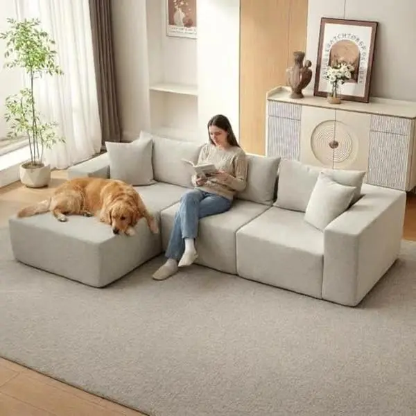 GARVEE 108" L Shaped Boneless Couch, Cotton Linen Fabric Cloud Couch with Left Facing Chaise, No-Assembly Modular Sectional Sofas for Living Room, Beige