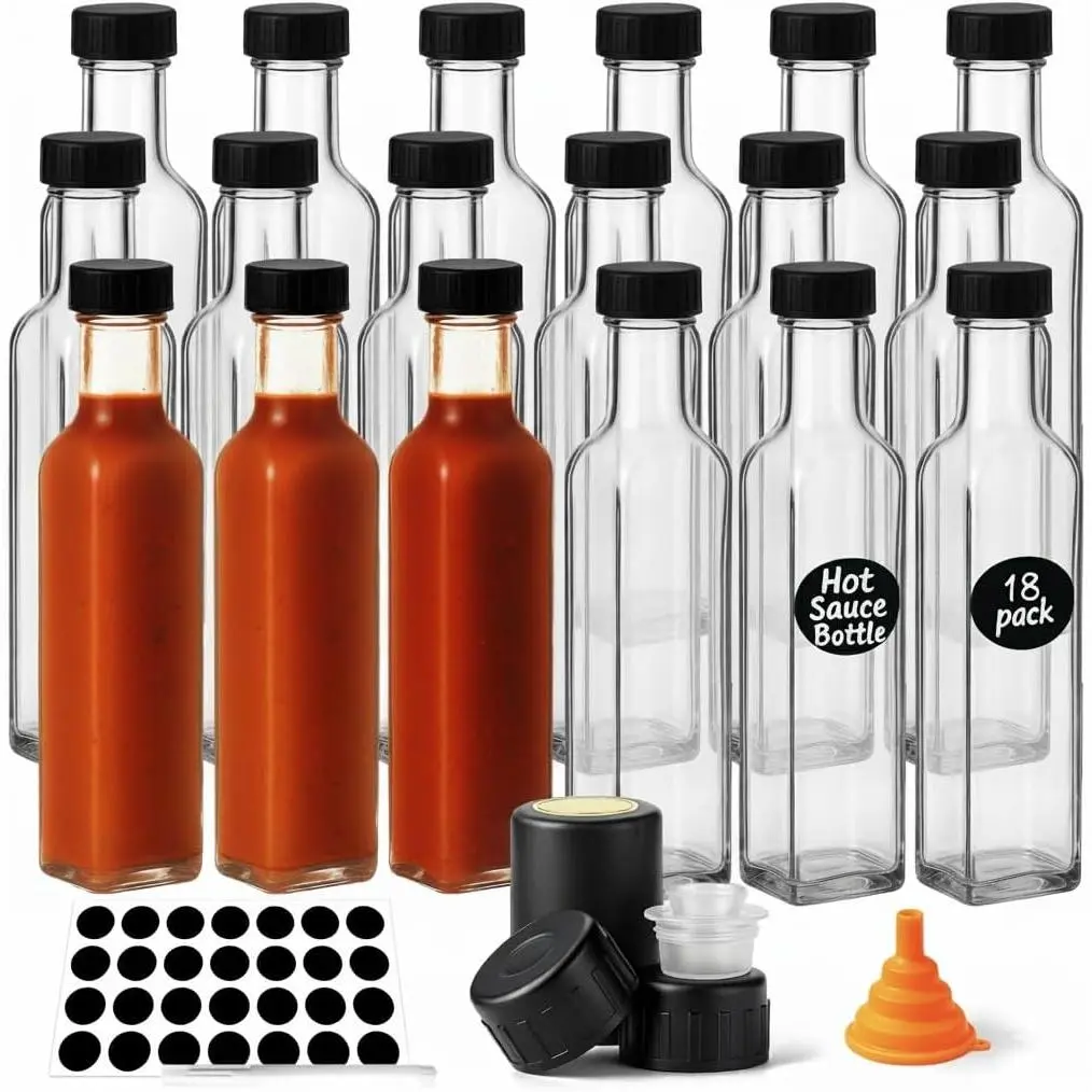 Hot Sauce Bottles 18-Pack 8.5oz Glass Bottles with  - Square Hot Sauce Containers for Homemade Chili Oil, Vinegar, BBQ - Empty Glass Bottles for Liquid Storage & Gifting, Clear (Leakproof)