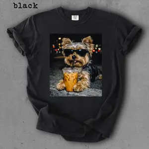 Comfort Colors® Yorkie Drinking Iced Coffee Shirt Funny Animal Meme Graphic Tee Coffee Lover Gift Funny Yorkie Shirt Unisex Tee