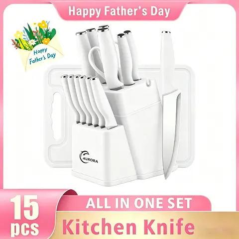 15-Pieces Thick Knives Kitchen Set with Wood Block - Built-In Sharpener, Stainless Steel, Dishwasher Safe, Pink/White/Black (Ideal for Mother's Day Gifting)