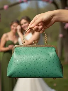 Women's Ostrich Texture Leather kiss lock  Handbag, Detachable Metal Strap, Spring Summer Small Crossbody Bag, Phone Lipstick Wallet Key Holder