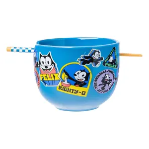 Felix the Cat the OG Felix Badges 20oz Ceramic Ramen Bowl with Chopsticks