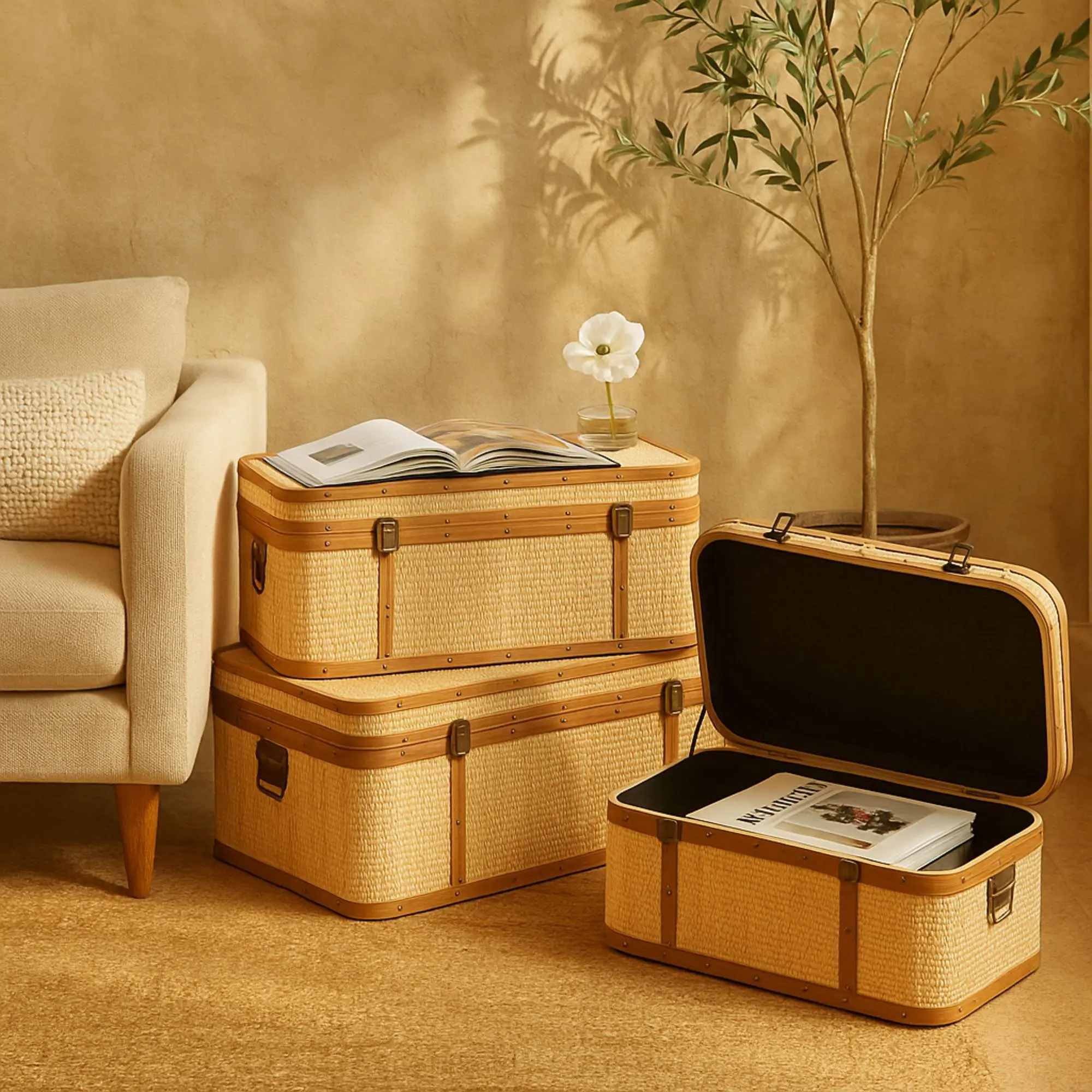 Traditional 3-Piece Fully Assembled Rattan Woven Organiser Trunk Set - Light Brown, Brass Latches, Wooden Accents, Checkered Pattern, Rectangular Multi-Size Indoor Bedroom Storage Boxes, 23l x 13.80w x 8.85h in, 50 lbs