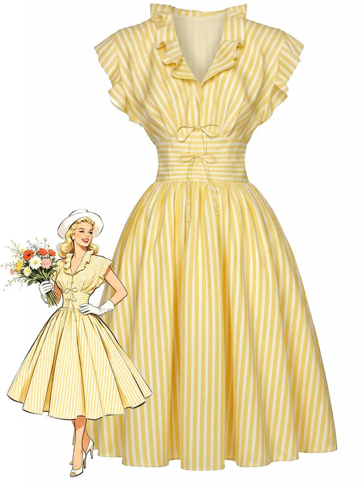 Light Yellow 1950s Stripe Ruffle Collar Tie Waist Dress Summer Fall dress Falloutfit Fallfashion Backtoschool