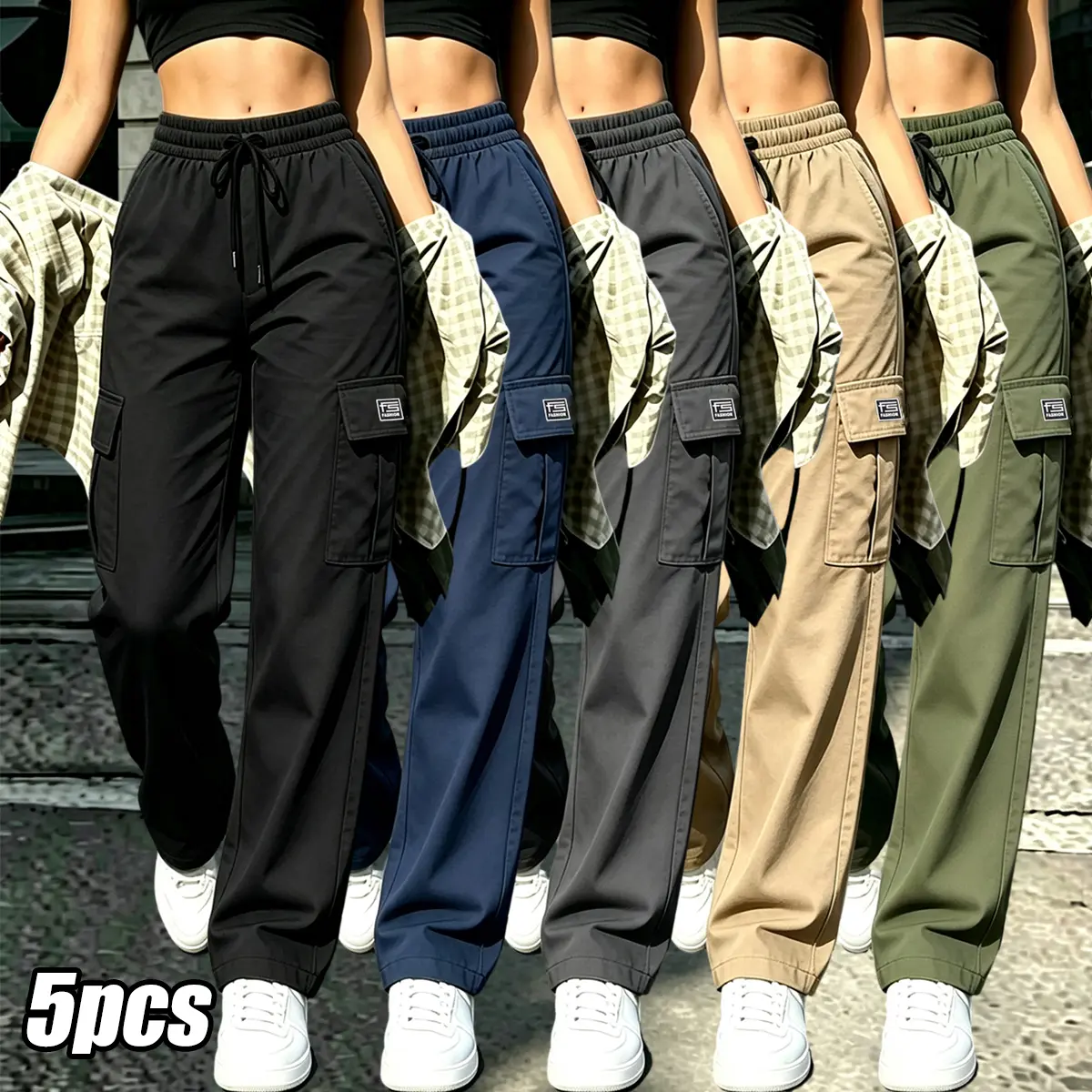 5-pack women’s solid-color cargo pants with multiple pockets and adjustable drawstring — breathable, smooth fabric for all seasons; machine washable; casual wear; durable construction; versatile long pants for everyday wardrobes