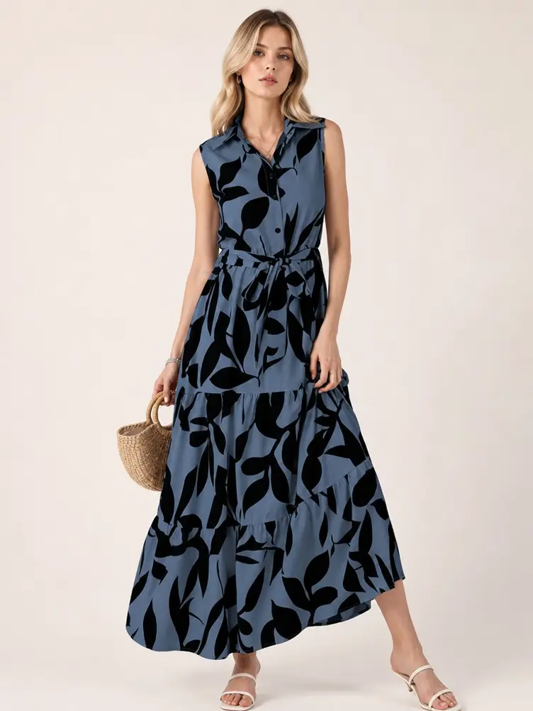 Women's Casual Collared Sleeveless Shirt Dress - Front Button Placket, Self-Tie Waist Belt, Tiered Ruffled Long Hem, Aesthetic Plant Print for Elegance & Flattering Fit