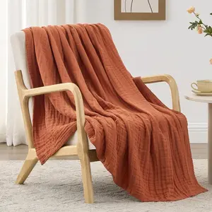 6 Layer  Cotton Muslin Blanket, 50"x60" Throw Muslin Blanket for Couch Bed, Orange Muslin Throw Blanket, Cotton Gauze Blanket for Adult, Lightweight and Breathable Blanket