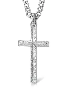 Textured Cross Necklace for Men, 925 Sterling Silver Cross Pendant with Stainless Steel Chain, Christian Necklace, Minimalist Silver Cross Jewelry Gift for Him