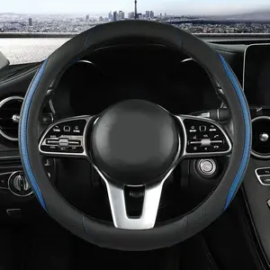 Car Steering Wheel Cover, Leather Steering Wheel Cover Blue Universal 14.5-15 Inch Microfiber Leather Anti-Slip Breathable Auto Steering Wheel Covers for Men Women (Black&Blue-2)