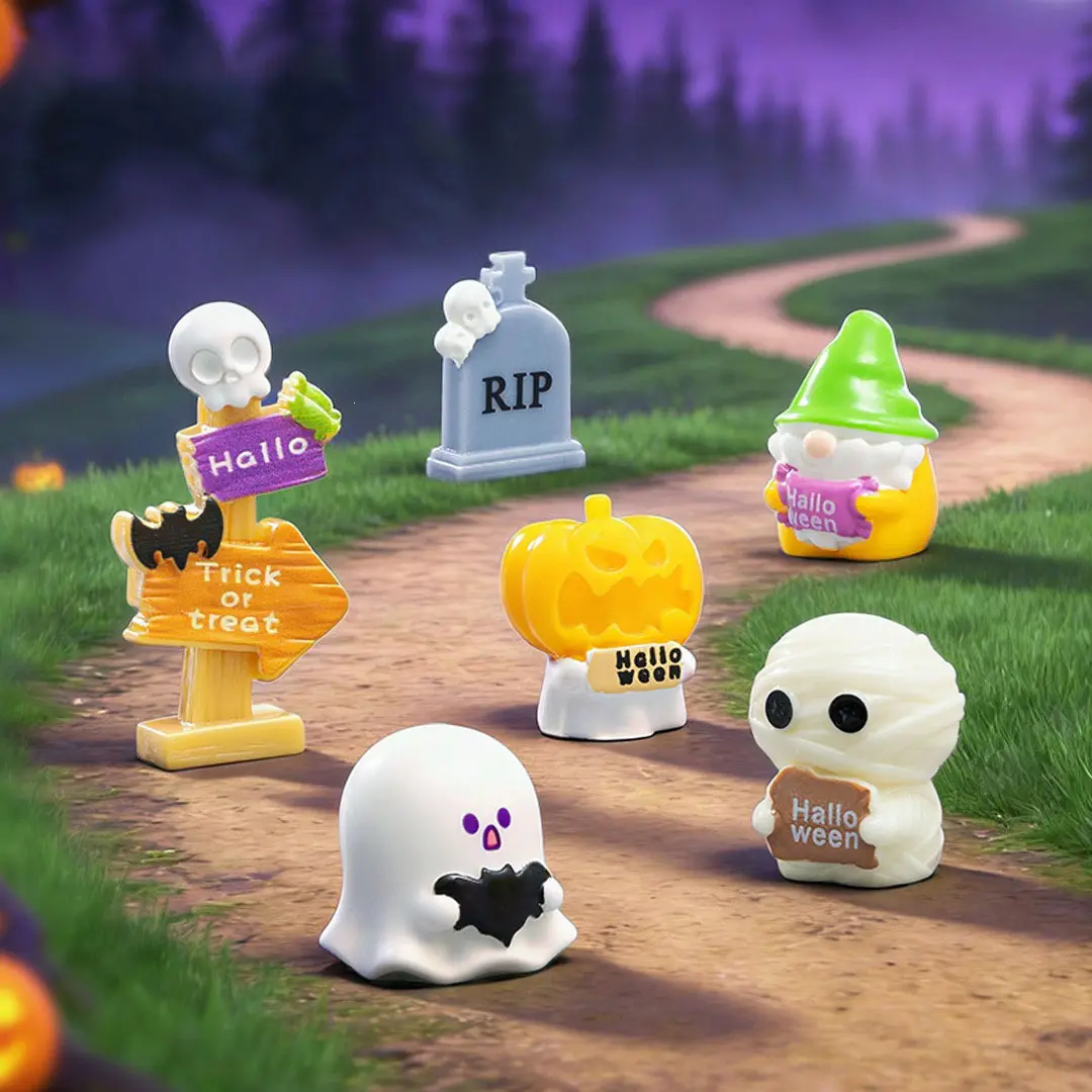 Halloween Micro Figurines Set - 6 Compact Halloween-Themed Ornaments (Ghosts, Pumpkins) for Garden Micro Landscape, DIY Terrarium, Home & Festive Party Supplies, Six