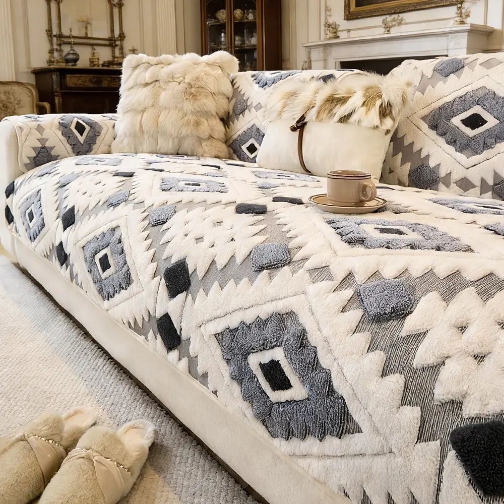 Classic Geometric Pattern Sofa Cover, Soft Skin-Friendly Embroidery, Dustproof Anti-Slip Pet Friendly, Easy Washable, Washable Couch Covers, Dustproof Sofa Slipcover, Soft Sofa Protector