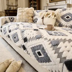 Classic Geometric Pattern Sofa Cover, Soft Skin-Friendly Embroidery, Dustproof Anti-Slip Pet Friendly, Easy Washable, Dustproof Sofa Slipcover