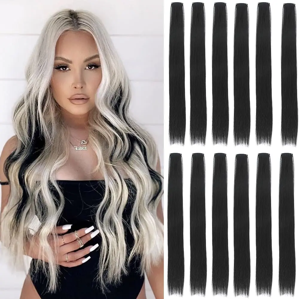 12 Pack Black Clip In Hair Extensions, 22 Inch Long Straight Synthetic Hair for Women & Girls, Heat Resistant with Invisible Clips for Party Highlights, Synthetic Clip In
