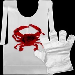 50 count Crab Lobster Bibs and 50 Pairs of Plastic Disposable Gloves Disposable Adult Crab Feast Bibs for Seafood(Crab Style)