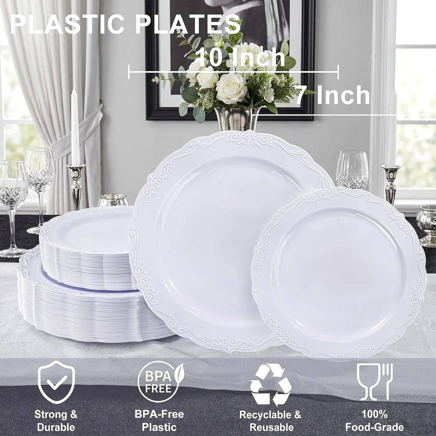 60PCS White Plastic Plates - Heavy Duty White Disposable Plates, Elegant Plastic Plates for Bridal Shower, Wedding and Party Including 30 Dinner Plates 10 '' & 30 Dessert Plates 7.5 ''
