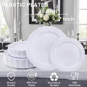 60PCS White Plastic Plates - Heavy Duty White Disposable Plates, Elegant Plastic Plates for Bridal Shower, Wedding and Party Including 30 Dinner Plates 10 '' & 30 Dessert Plates 7.5 ''