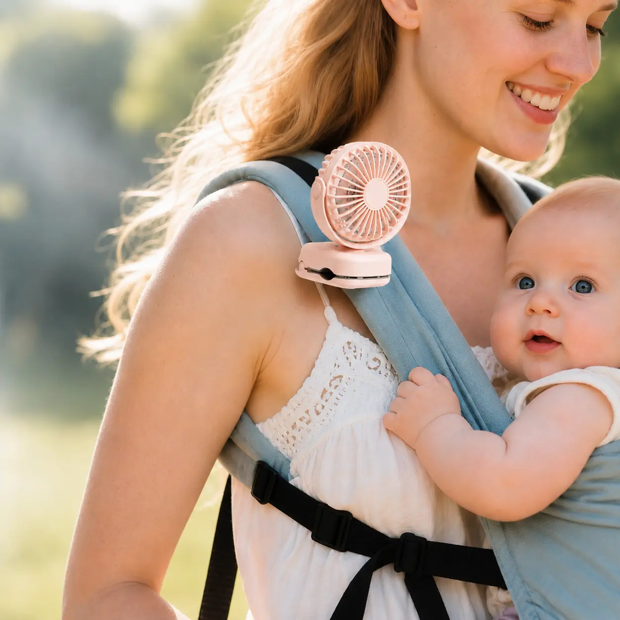 Mini Clip-On Portable Rechargeable Battery Operated Cooling Fan for Baby Carriers, Strollers - 0.24 lb Ultra Light, 3 Speeds, 1200mAh Cordless, Magnetic Clip, 8-Hour Run, Safe Gaps, 35° Wide-Opening, Baby Essentials, Registry Gifts, Bubble Feature