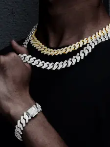 Luxury Cuban Chain Hip Hop Style Necklace Bracelet Set, Rhinestone Sparkling Classic Design, Unisex Party Wear Jewelry, Fashionable Jewelry Set