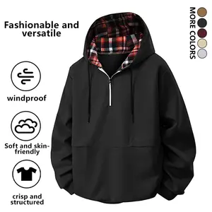 Men's Spring And Autumn Thin Pullover Hoodie Outdoor Casual Half Zip Two-Piece Hooded Top, Fashionable Springwear, Autumn Outfit, Stylish Casual, Plaid Colorblock, Sports Running Clothing