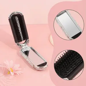 Portable Mini Makeup Mirror Comb Set, Foldable Travel Cosmetic Tool with Cushion Brush, Fashion Colorful Rhinestone Design