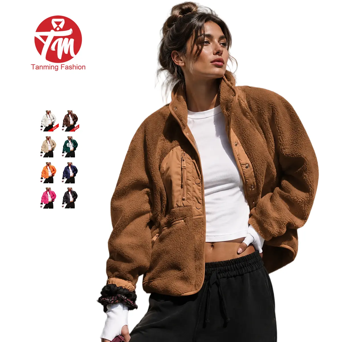 Tanming Women's Sherpa Button-Down Fuzzy Fleece Patchwork Bomber Jacket - High Neck, Long Sleeve, Minimalist Polyester Shacket Teddy Coat Tops Outerwear (Black Friday TikTokShop)