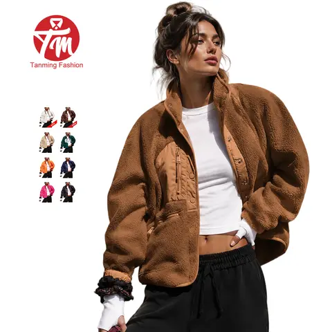 Tanming Womens Sherpa Fuzzy Jacket Stand Collar Snap Button Coat Outerwear Chest Zipper Pocket Casual Fall Winter Work School Vacation Outfits Clothing