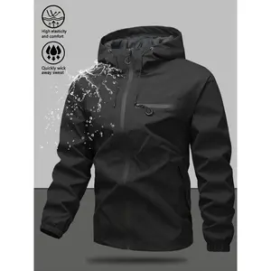 Men's casual hooded chest embellished with large pockets, zippers for windproof and waterproof functionality, comfortable soft shell fabric for sports, lightweight and comfortable outdoor wear, versatile double-sided waterproof zippers, pressed glue techn