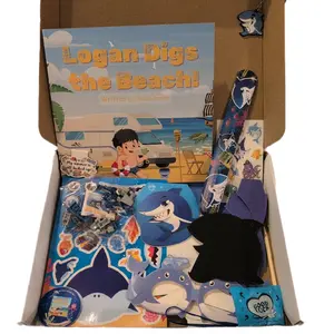 Busy Beach Book Box Signed for Kids – Includes Blocks, Tattoos, Bracelet, Keychain, Craft Kit, Notebook, Stamp, Glasses, Stickers, Bookmark, Prize – Summer Screen-Free Portable Compact Gift for Sea Creature & Reading Lovers For Raining Days, Road Trips