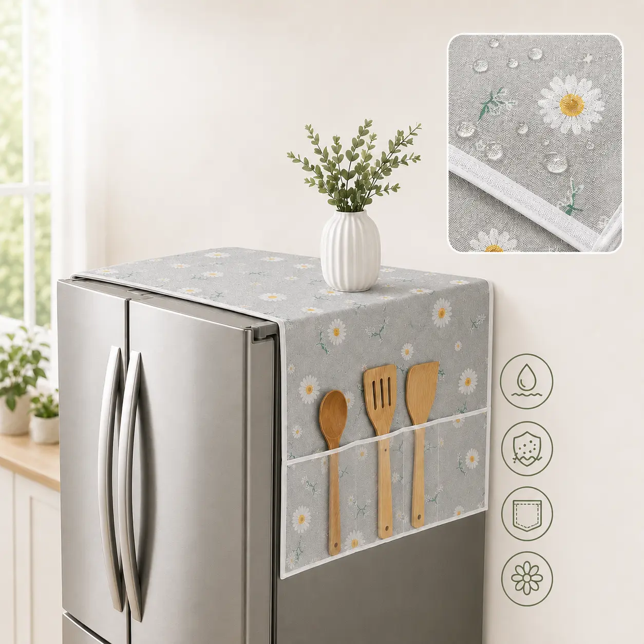 Refrigerator Dust Cover with Storage Pockets Multi Functional Waterproof Fridge Top Protector Household Kitchen Appliance Dust Proof Cover 2 Pack