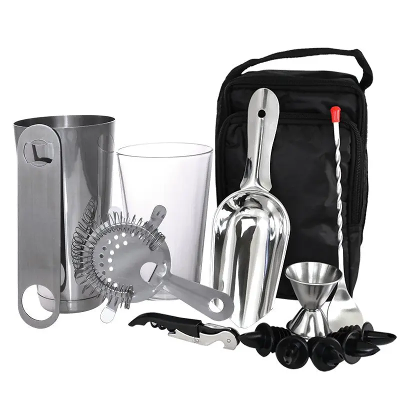 Complete Bartenders Tote Bag with Boston Shaker Set, Bar Utensils, Cocktail Opener, and Glass for Home Bar Use