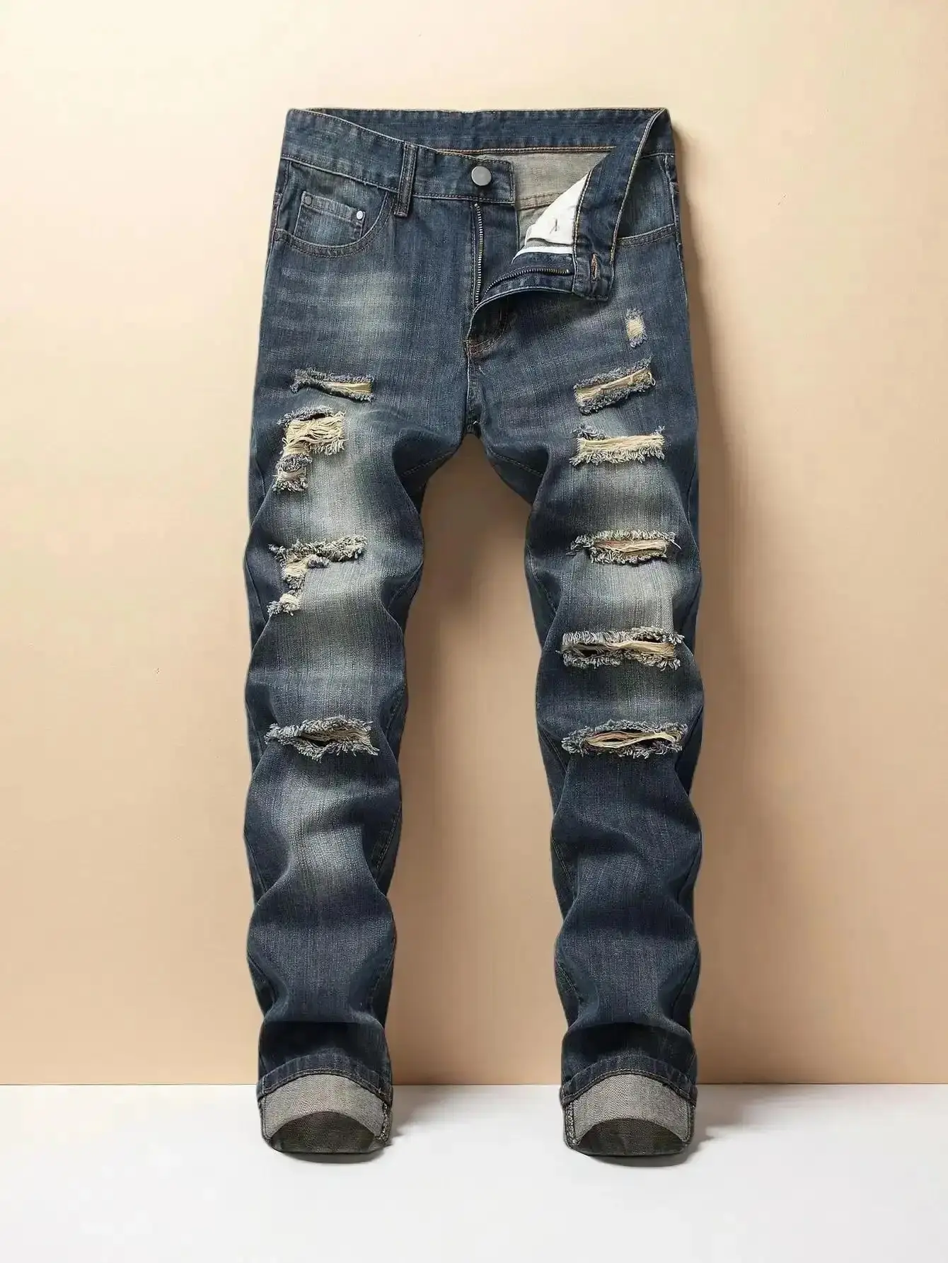 Men's Navy Ripped Elastic Skinny Jeans Compression Pants Ripped High Street Jean Fashion Boy Summer Gomez Western Wear Outlet, Everyday Essential, Pattern Style and Loungewear Style