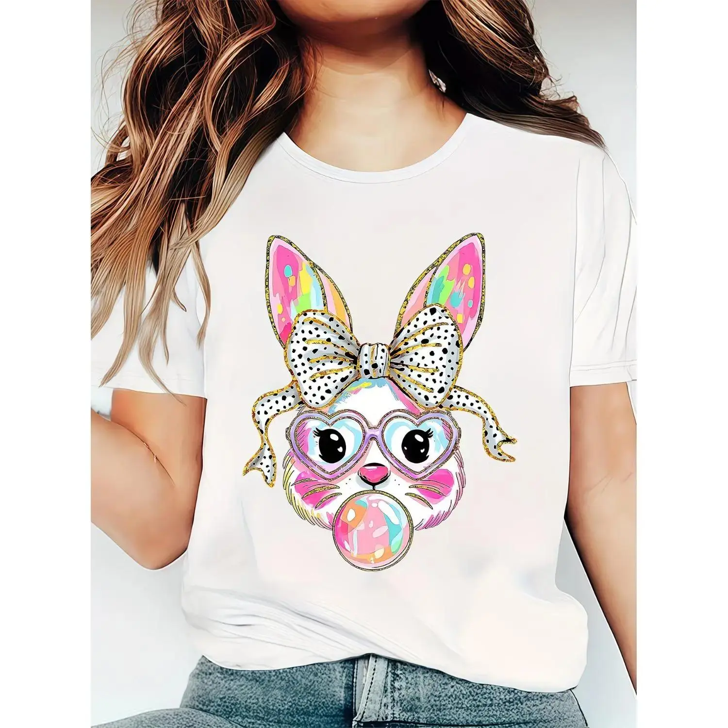 Women's Short-Sleeve Charming Bunny Easter T-Shirt - Lady Streetwear Top, Comfortable Fit, Slightly Stretchy Knit Fabric for Year-Round Wear, Shortsleeve, Tshirt