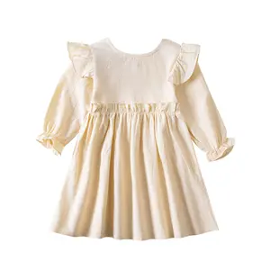 Toddler Girl Cotton Linen Dress Long Sleeve Ruffle Fall Dress Kids Solid Dresses Casual Clothes