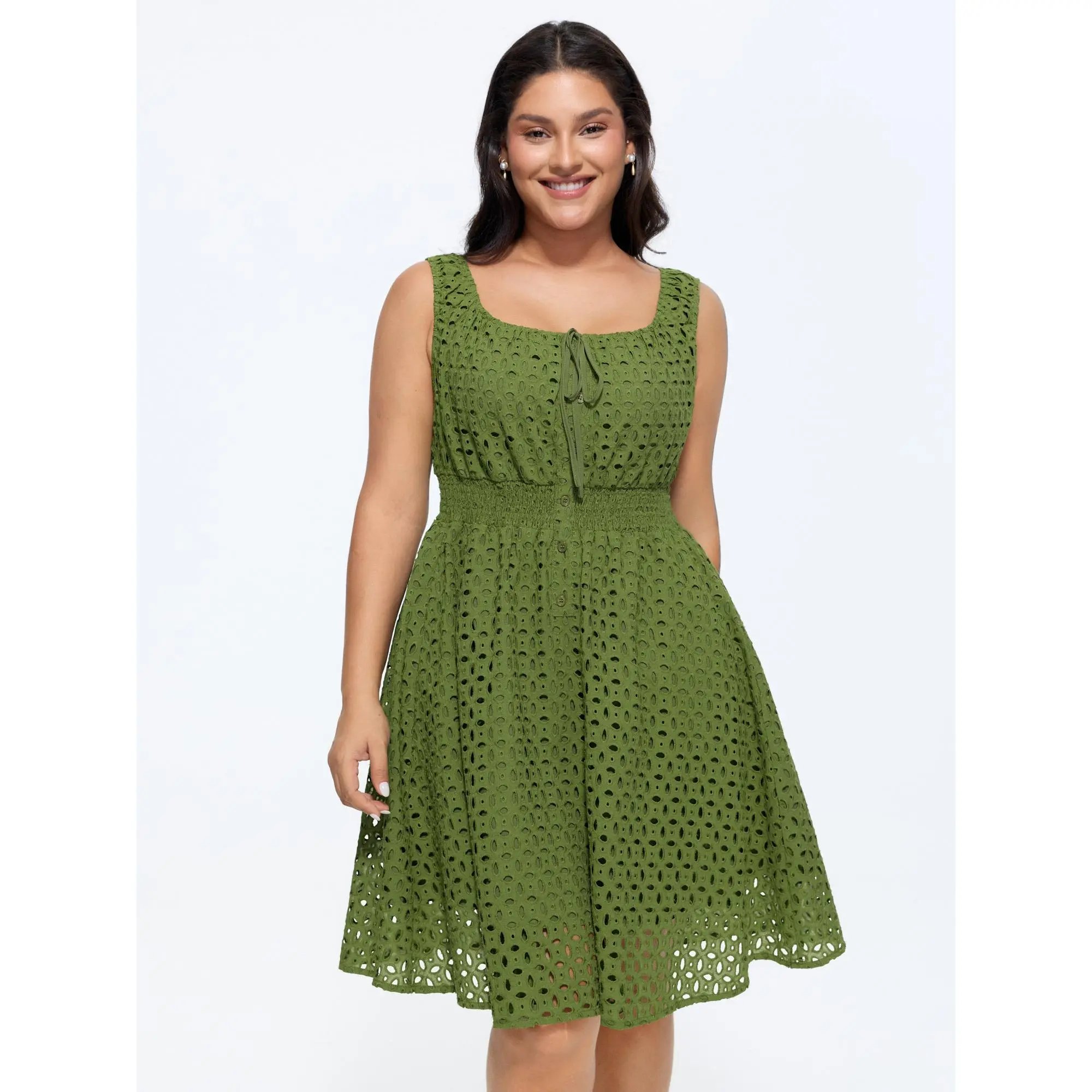 BLOOMCHIC Women's Plus Size Casual Cotton Eyelet Fabric Mini Dress [M-6X] - Stretchy Waist, Pocket, Sleeve,Summerfinds